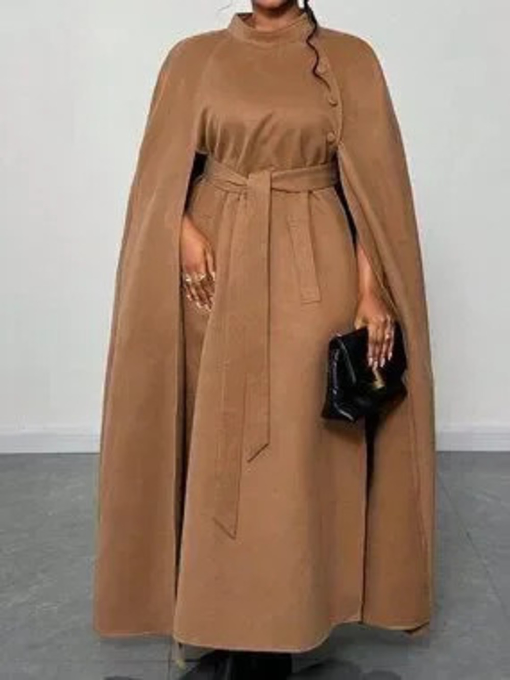 Brown Elegant Women's Long Cardigan With Tie Closure And Button Detail